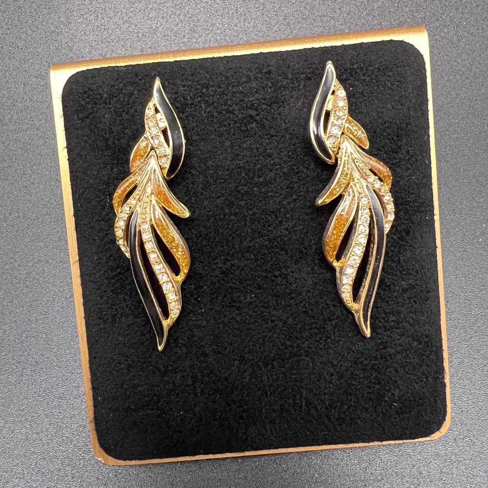 Elegant Gold Drop Earrings Black Enamel Rhinestones‎ Leaf Statement 80s Glam